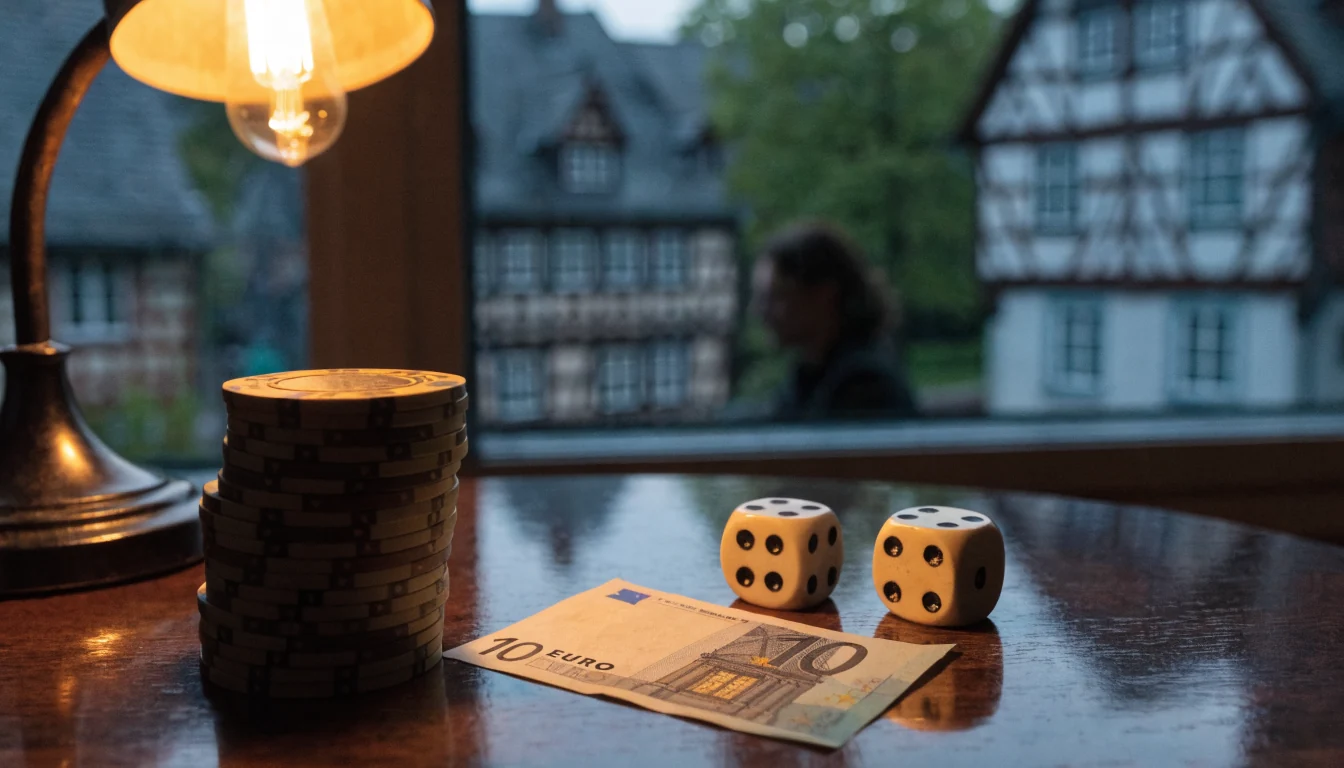 Goldene Casino-Chips und Zehn-Euro-Schein auf Holztisch vor deutscher Altstadtkulisse