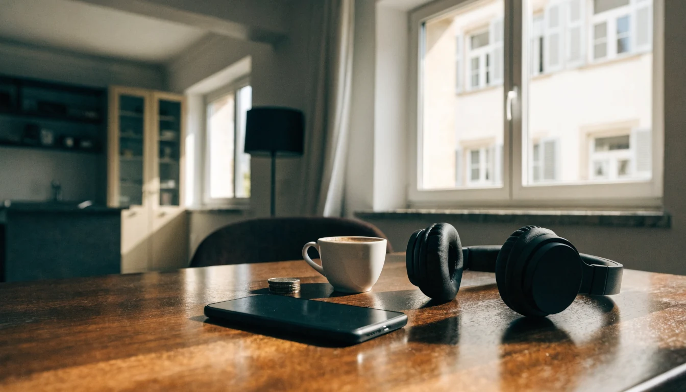 Smartphone und Kopfhörer auf einem Tisch in einer modernen Wohnung