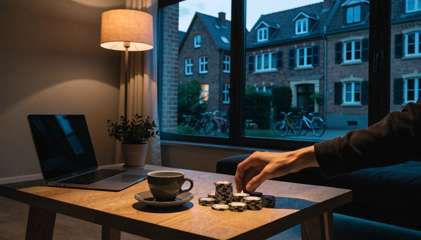 Abendliches Wohnzimmer in Deutschland mit Laptop, Spielchips und Blick auf eine Wohnstraße