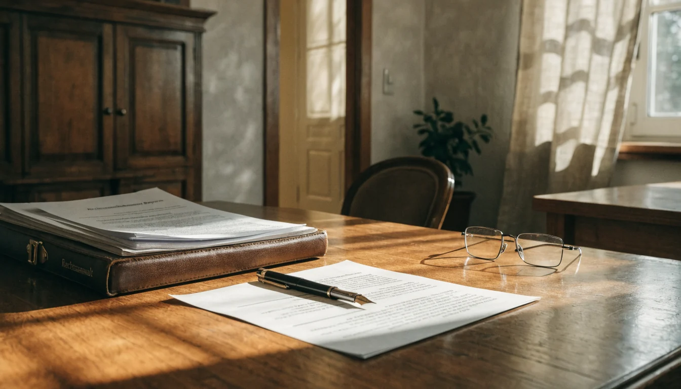Holzschreibtisch mit juristischem Ordner, Füllfederhalter und Lesebrille in einem sonnigen deutschen Büro