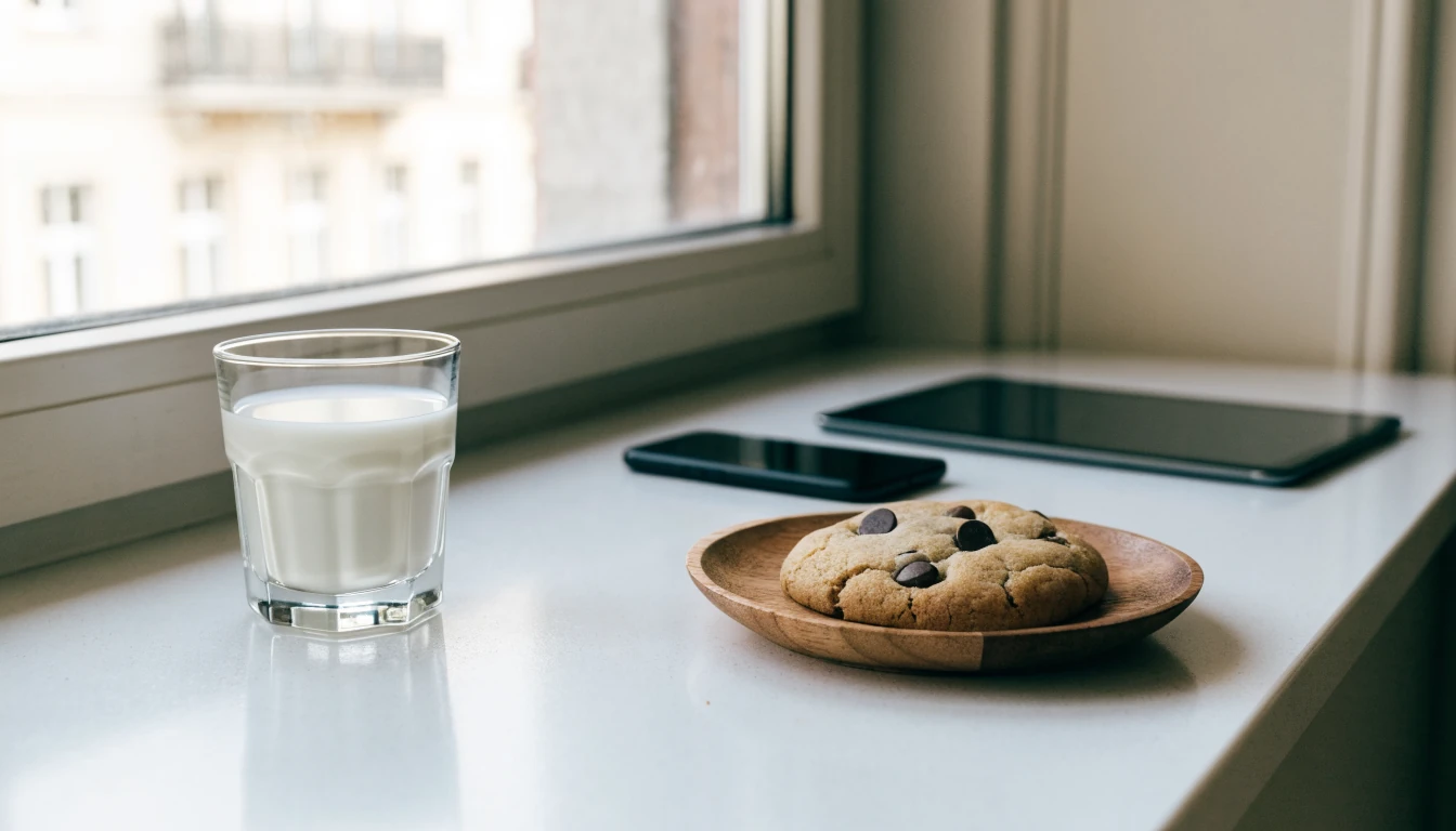 Frisch gebackener Keks auf einem Holzbrett neben einem Glas Milch und umgedrehten Geräten