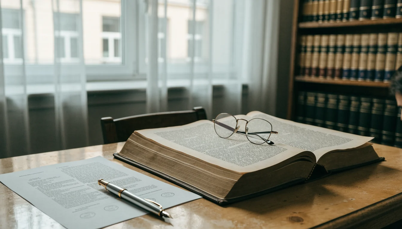Schreibtisch mit aufgeschlagenem Rechtsbuch, Lesebrille und Dokument bei Tageslicht