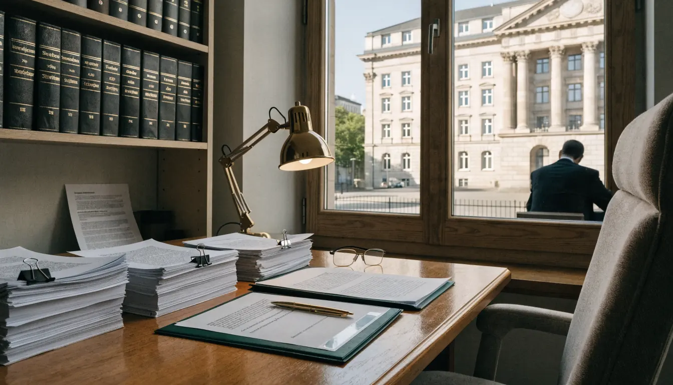 Schreibtisch in einem deutschen Rechtsbüro mit Akten, Füllfederhalter und Gesetzbüchern unter einer Schreibtischlampe.