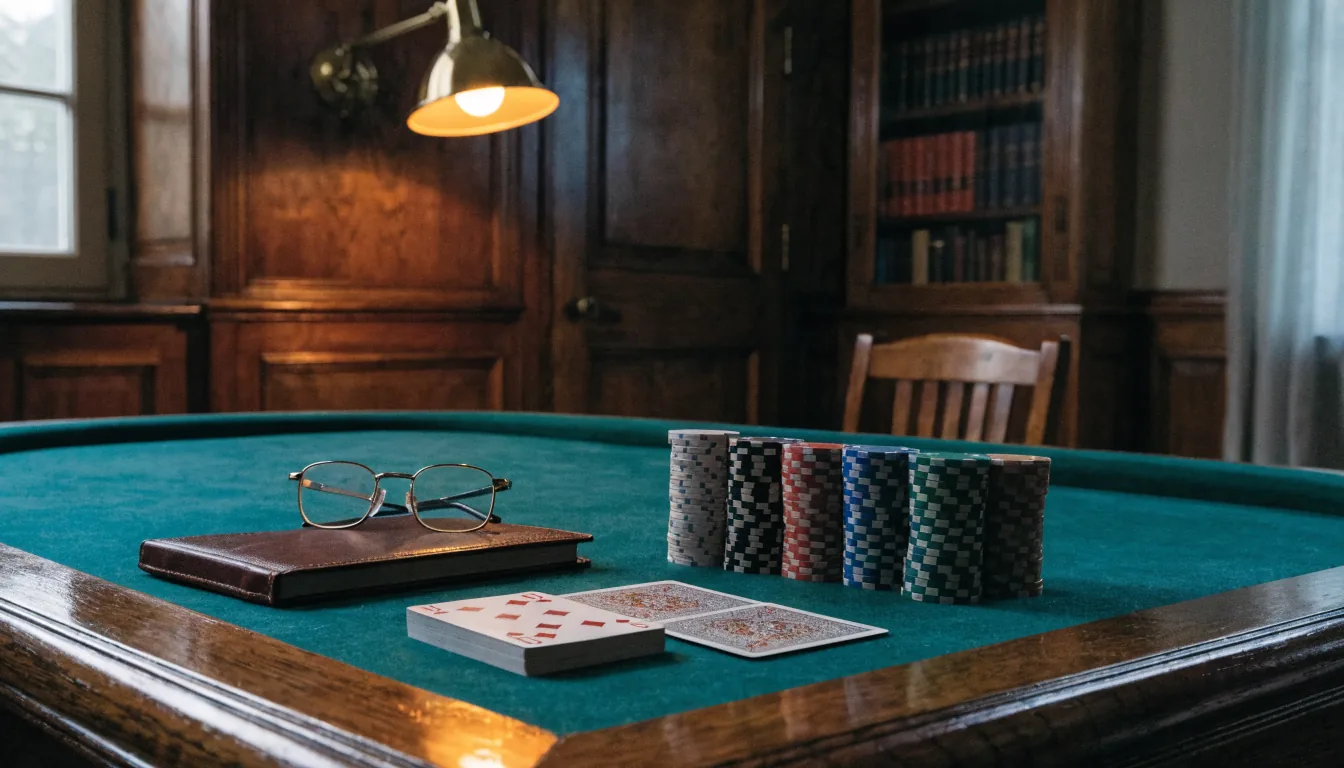 Pokertisch mit Chips und geschlossenem Regelheft