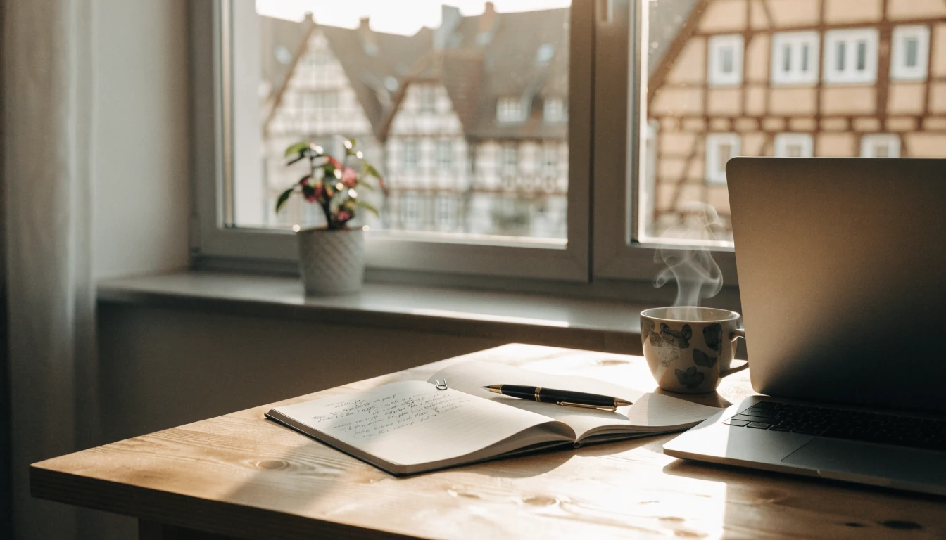 Ein heller Schreibtisch in einer deutschen Wohnung mit Notizbuch, Kaffeetasse und Blick auf Fachwerkhäuser.