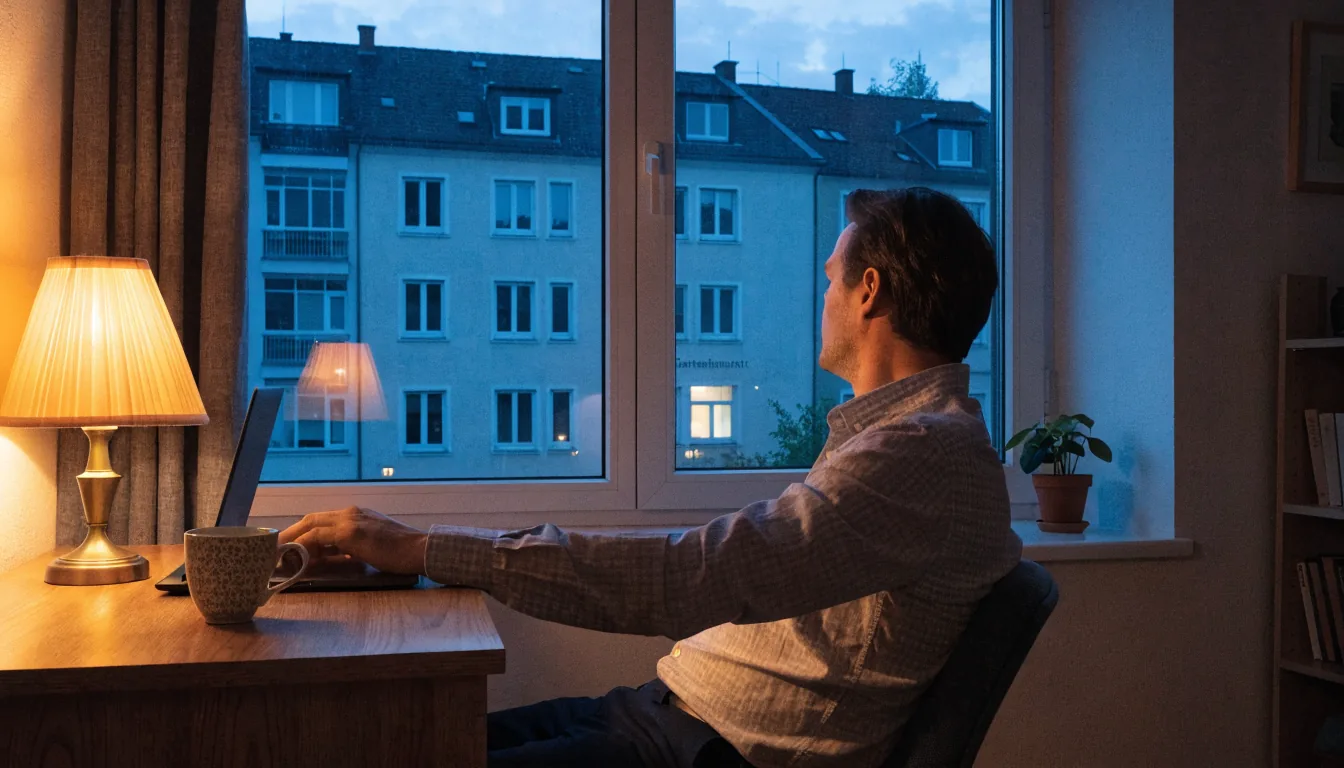 Ein Mann in einer deutschen Wohnung schließt abends nachdenklich seinen Laptop.